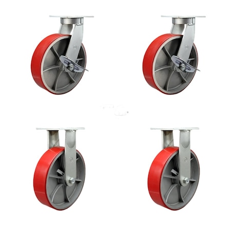 Service Caster 10'' Heavy Duty Red Poly on Cast Iron Wheel Caster Set 2 Brakes 2 Rigid, 4PK CRAN-SCC-KP92S1030-PUR-RS-SLB-2-R-2